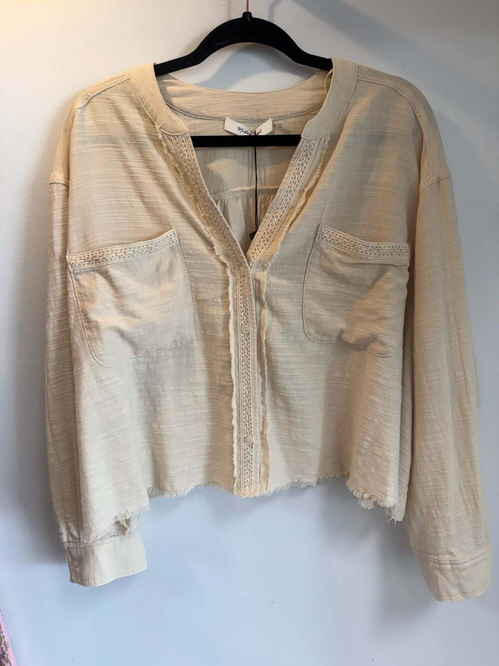 Mustard Seed Cream Textured Button Up Blouse with Lace Trim